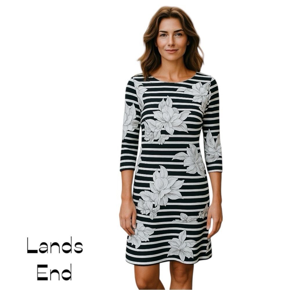 Lands’ End Black White Floral Striped Dress NWOT Size SP Feminine CottageCore